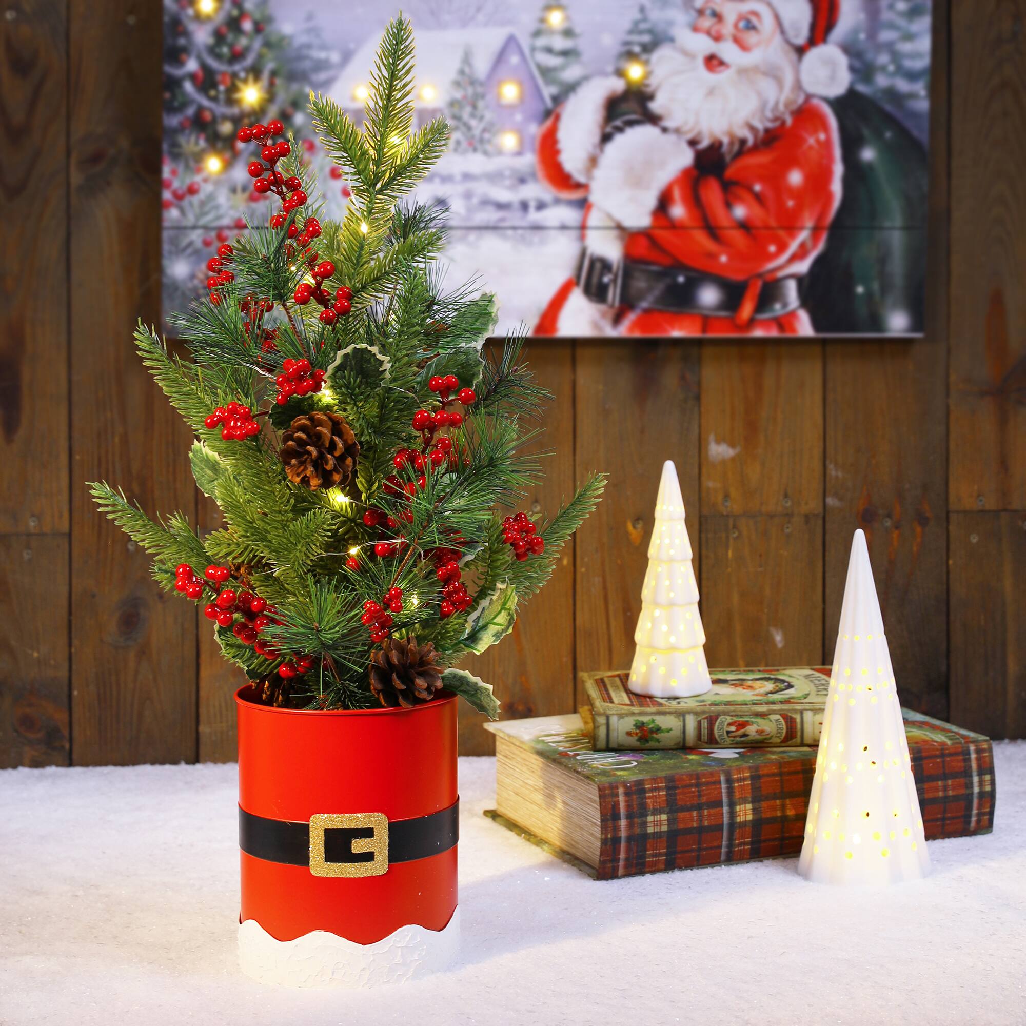 22" Pre-Lit Artificial Christmas Tree in Santa Belt Pot, Warm White LED Lights